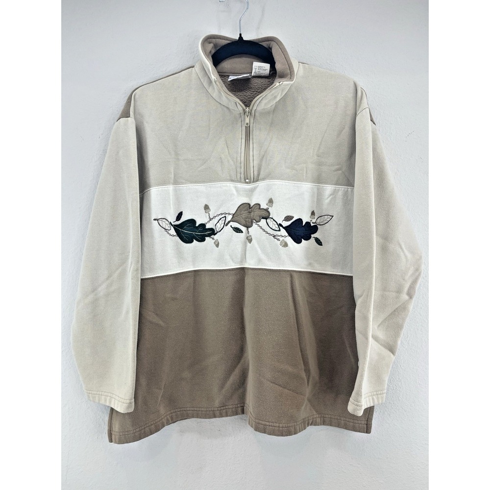 VTG 90s Embroidered Sweater‎ Pullover 1/4 Zip XL Leaf Bobbie Brooks Cozy Core